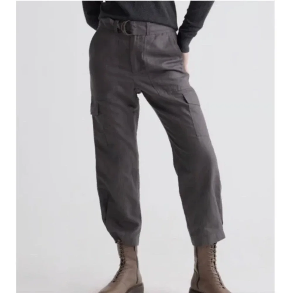Quince Cotton Linen Twill Cargo Pants M Charcoal Gray Belted Utility Tapered